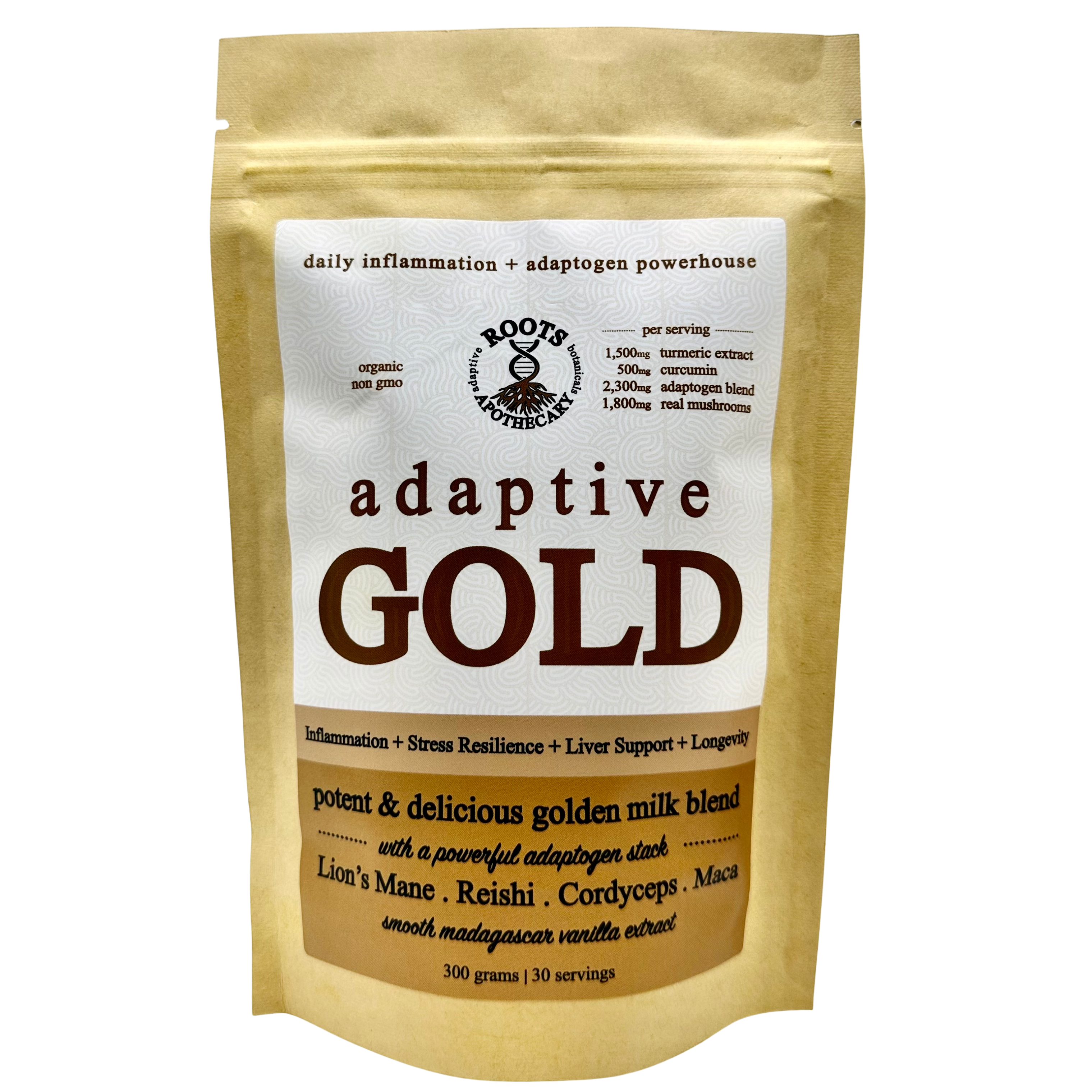 Package of 'Adaptive Gold' golden milk blend with Roots Herbals branding on a white background