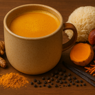 Mug of golden turmeric latte with turmeric root and spices on a wooden surface