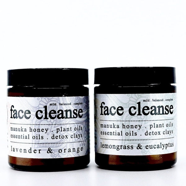 organic lavender & orange face cleanse. organic lemongrass & eucalyptus face cleanse.